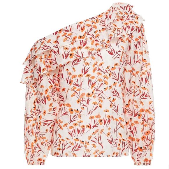 MAJE Laurane one-shoulder ruffled metallic fil coupé floral-jacquard top size 2 - Picture 2 of 11